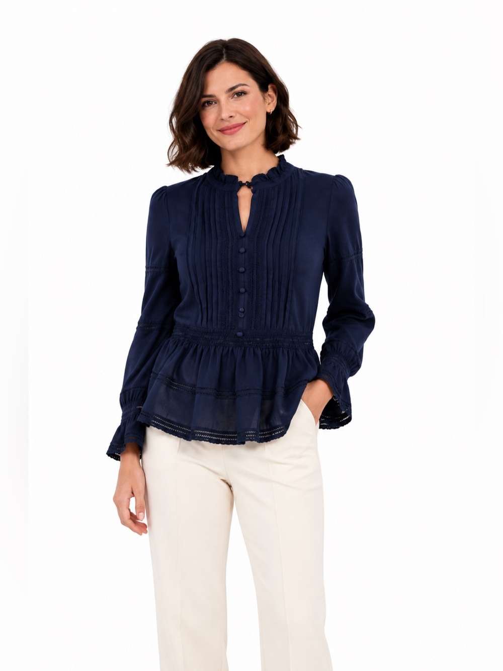 Octavia Navy Ruffled Peplum Blouse with Mandarin Collar